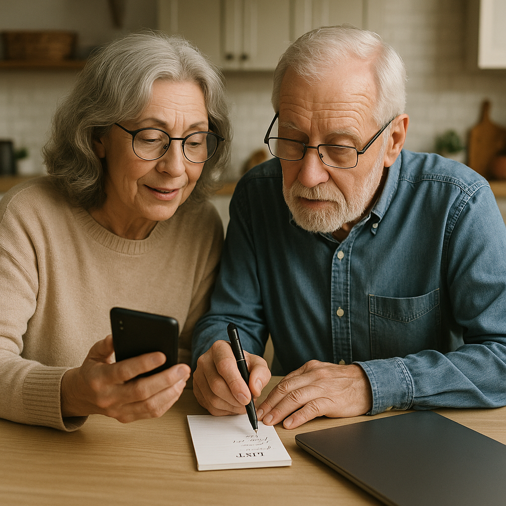 an elderly couple at the kitchen table making a list with their cell phone and a closed laptop on the table in front of them
, Photo
