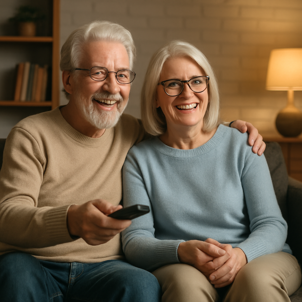 an older couple sitting in living room watching tv looking happy make it horizontal 16:9, Photo